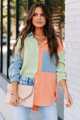 Color Block Button Down Boyfriend Shirt Blouses-AL9592