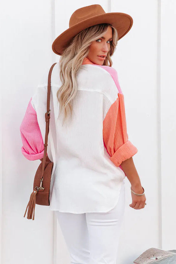 Color Block Button Down Boyfriend Shirt Blouses-AL9592