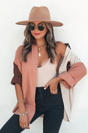 Color Block Button Down Boyfriend Shirt Blouses-AL9592