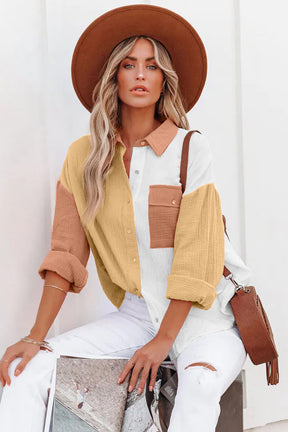 Color Block Button Down Boyfriend Shirt Blouses-AL9592