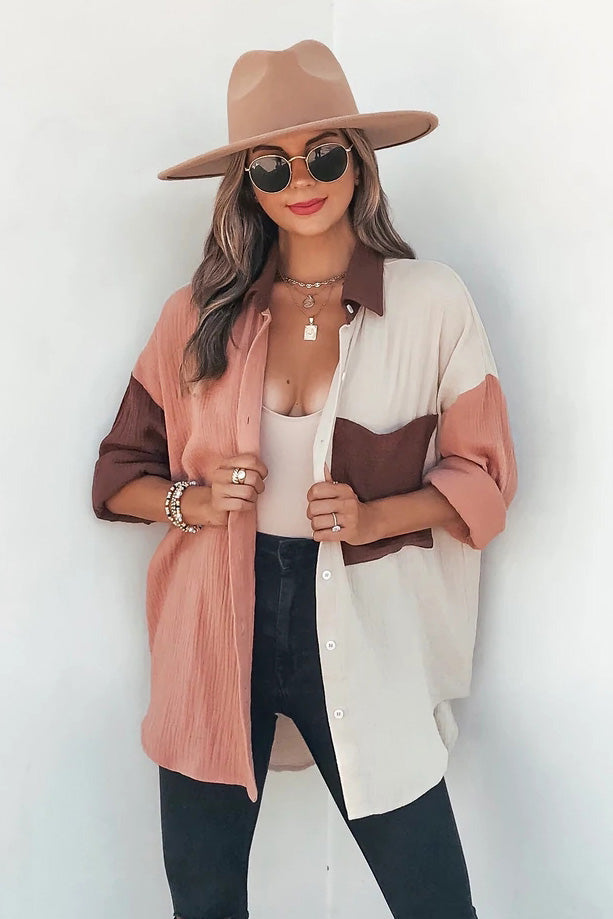 Color Block Button Down Boyfriend Shirt Blouses-AL9592