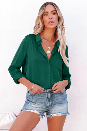 Women Satin Long Sleeves V-neck Blouse Lady Shirt-AL9595