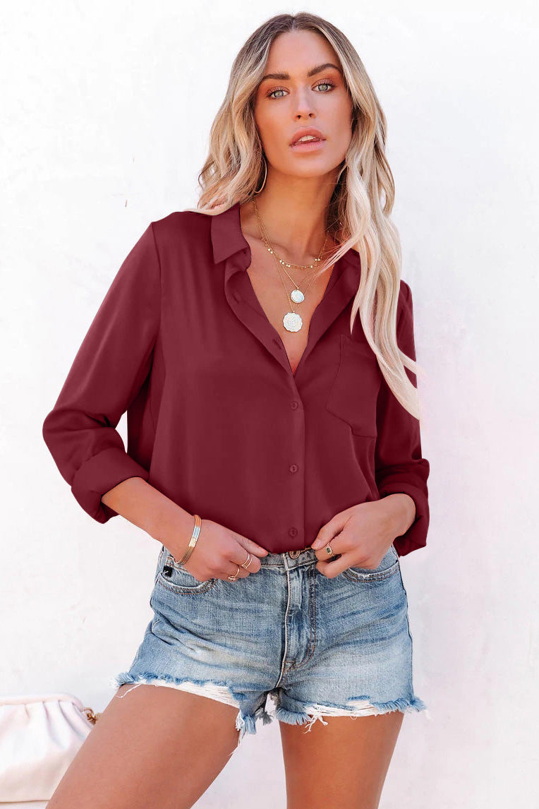 Women Satin Long Sleeves V-neck Blouse Lady Shirt-AL9595