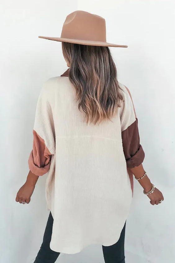 Color Block Button Down Boyfriend Shirt Blouses-AL9592