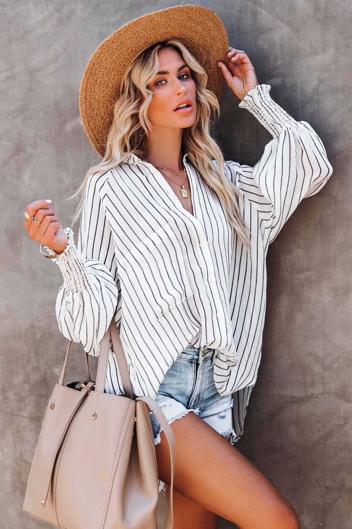 Striped Button Down Casual Shirt Blouse Top-LX120421