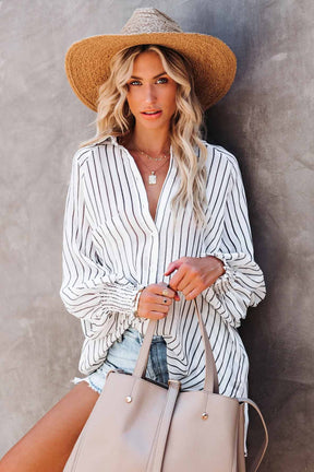 Striped Button Down Casual Shirt Blouse Top-LX120421