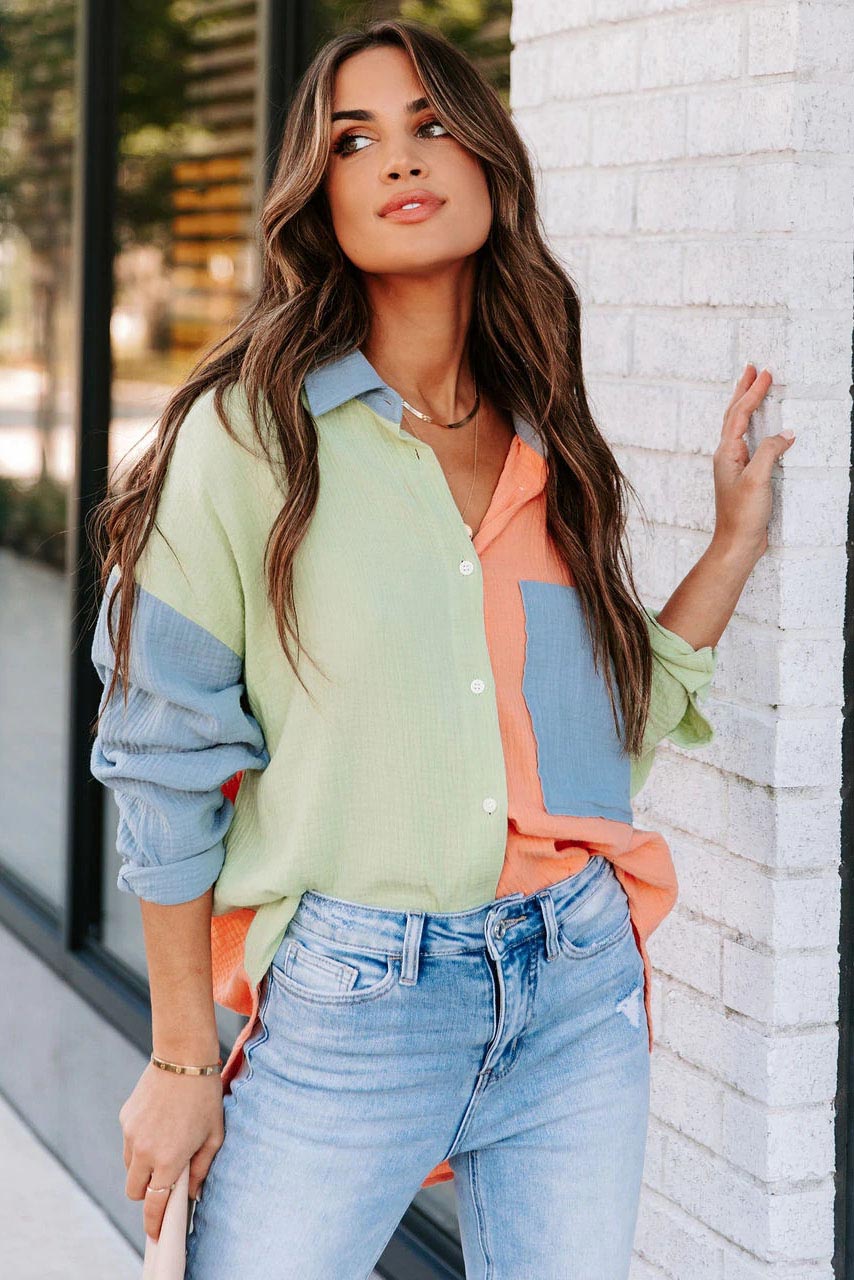 Color Block Button Down Boyfriend Shirt Blouses-AL9592