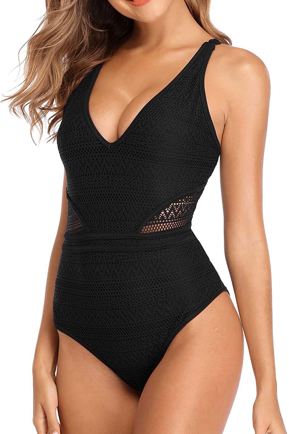 Women Mesh Monokini Plunge One Piece Swimsuit -1140