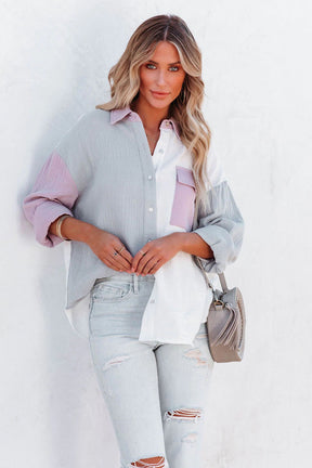 Color Block Button Down Boyfriend Shirt Blouses-AL9592