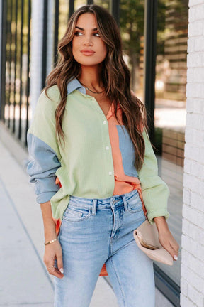 Color Block Button Down Boyfriend Shirt Blouses-AL9592