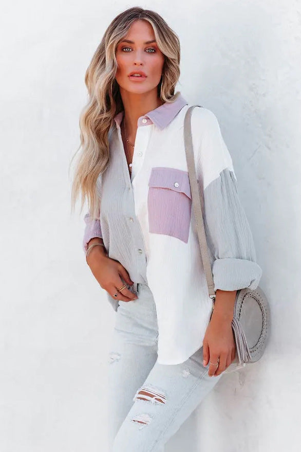 Color Block Button Down Boyfriend Shirt Blouses-AL9592