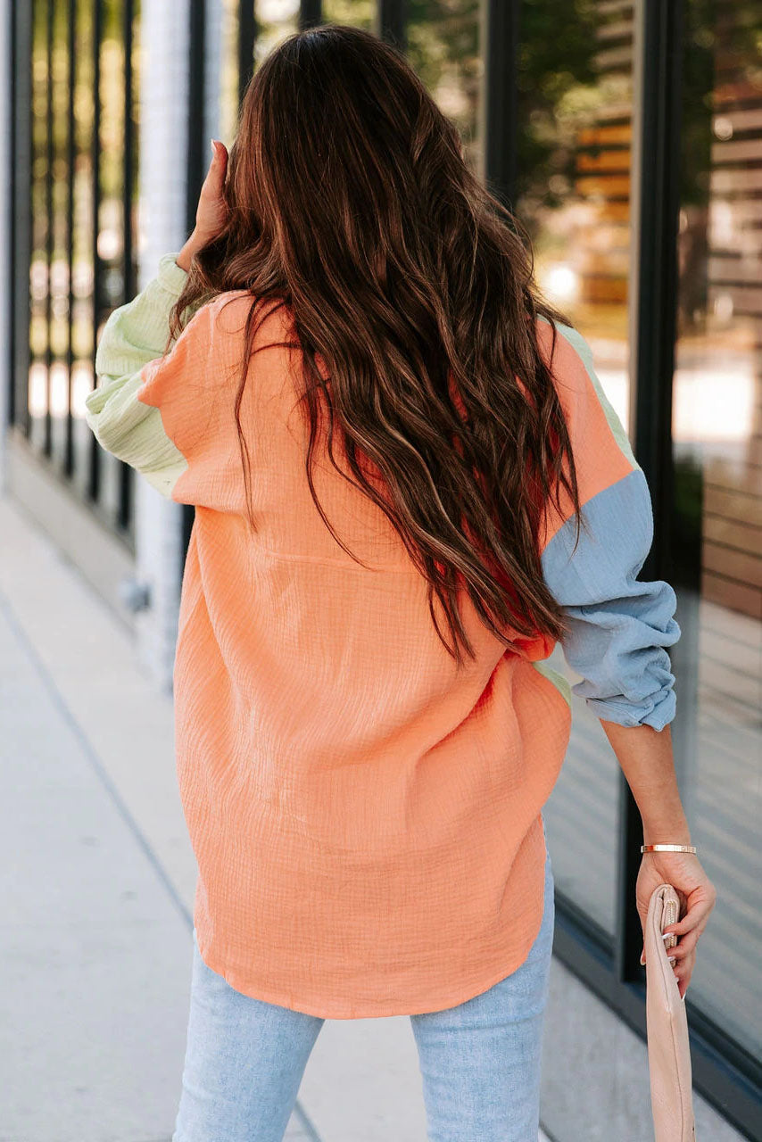 Color Block Button Down Boyfriend Shirt Blouses-AL9592