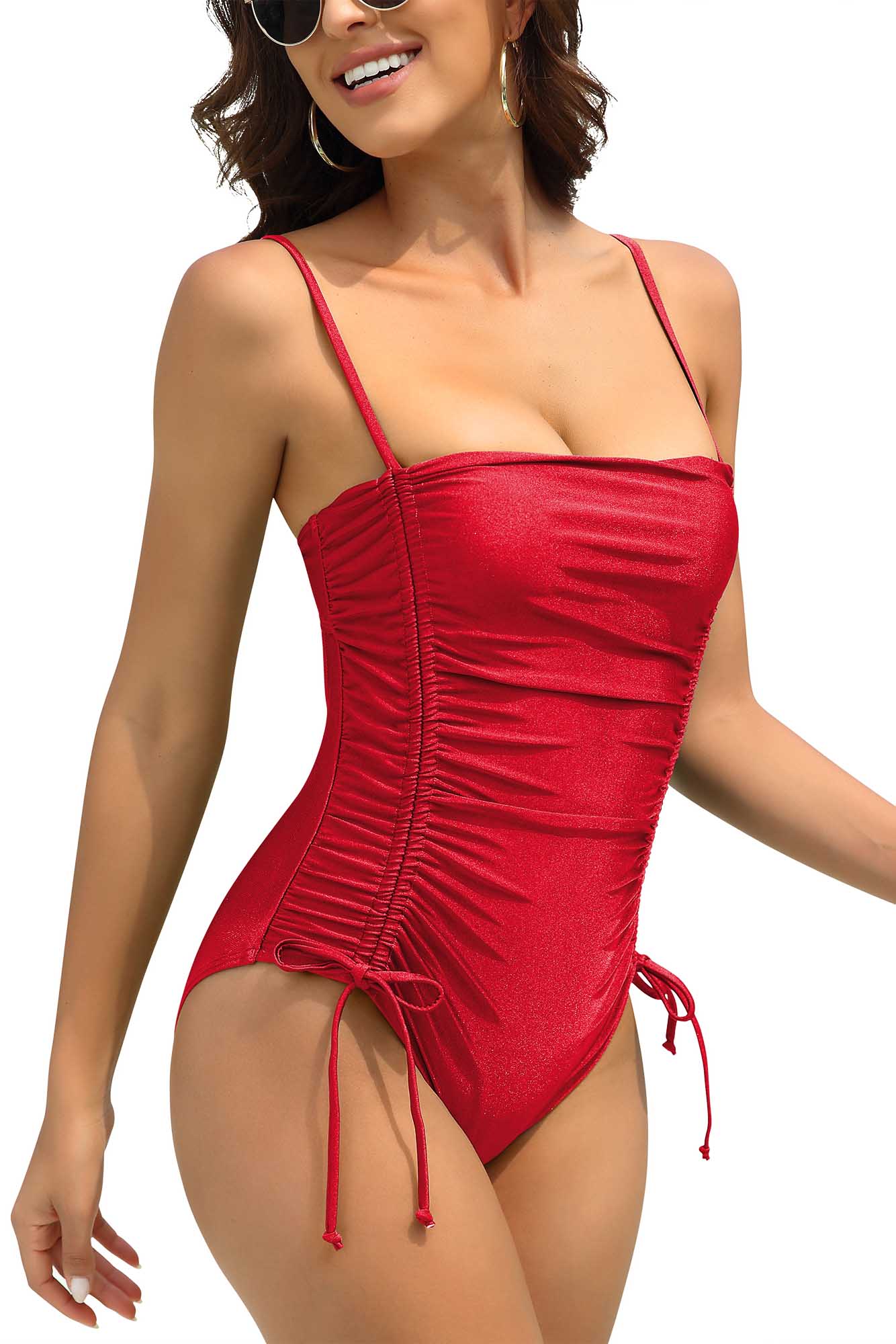 Women Ruched Strappy V Neck One Piece Bathing Suit-1571