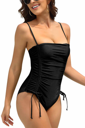 Women Ruched Strappy V Neck One Piece Bathing Suit-1571