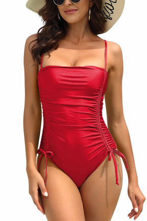 Women Ruched Strappy V Neck One Piece Bathing Suit-1571