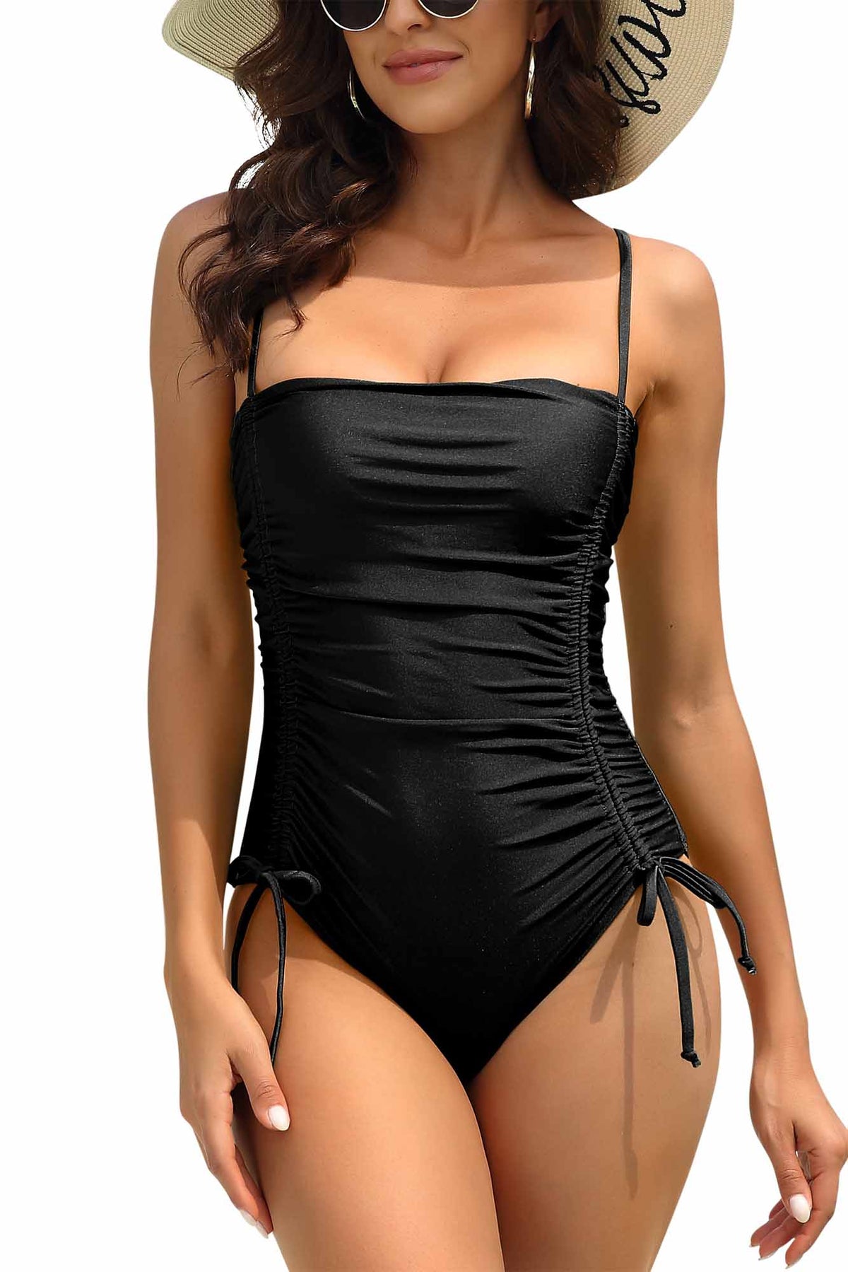 Women Ruched Strappy V Neck One Piece Bathing Suit-1571