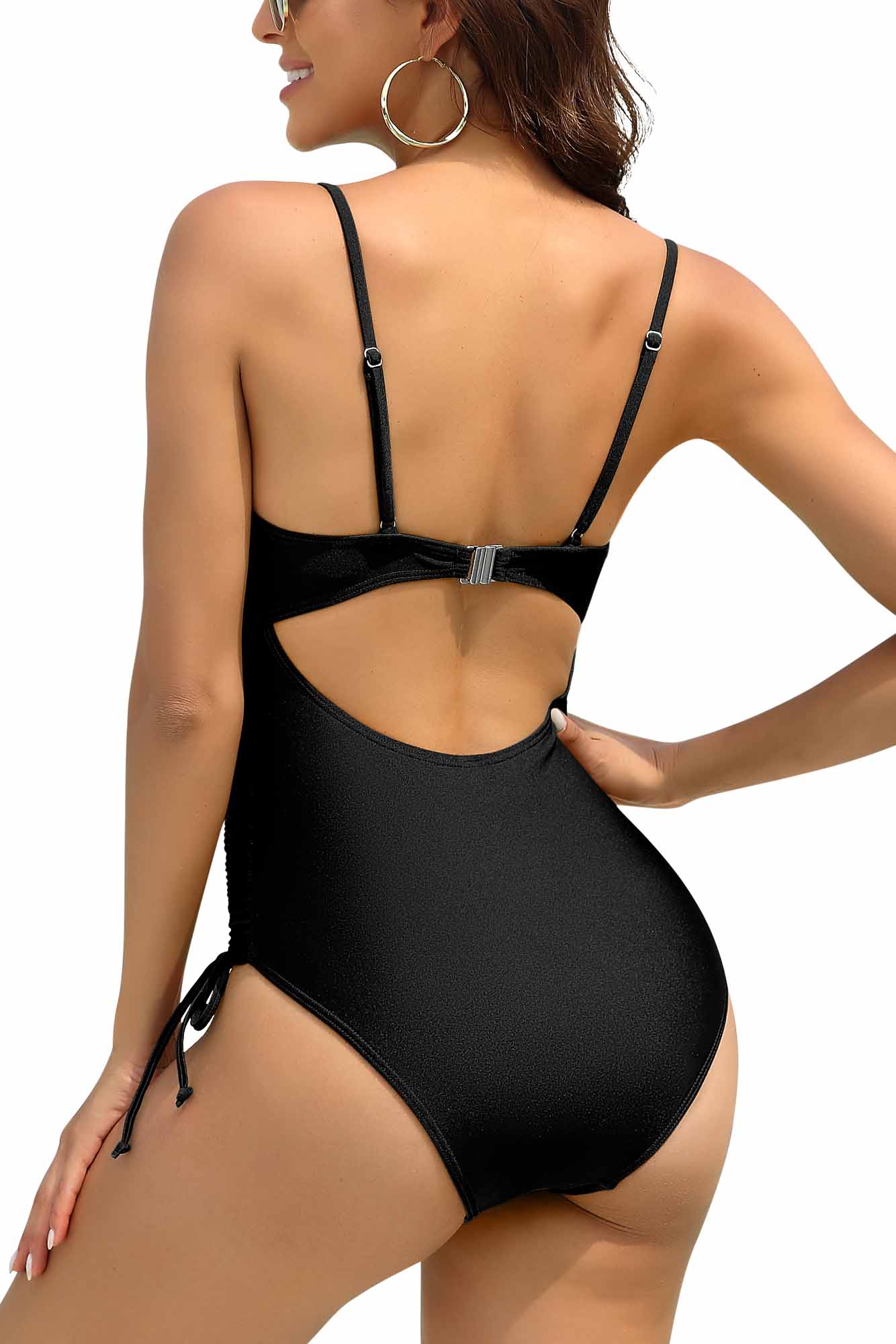 Women Ruched Strappy V Neck One Piece Bathing Suit-1571