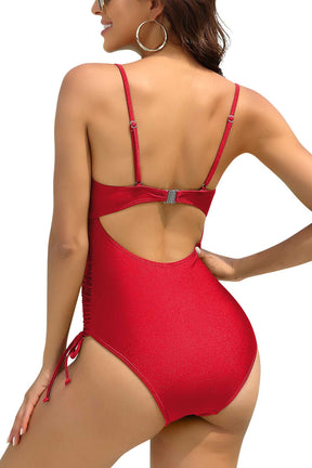 Women Ruched Strappy V Neck One Piece Bathing Suit-1571