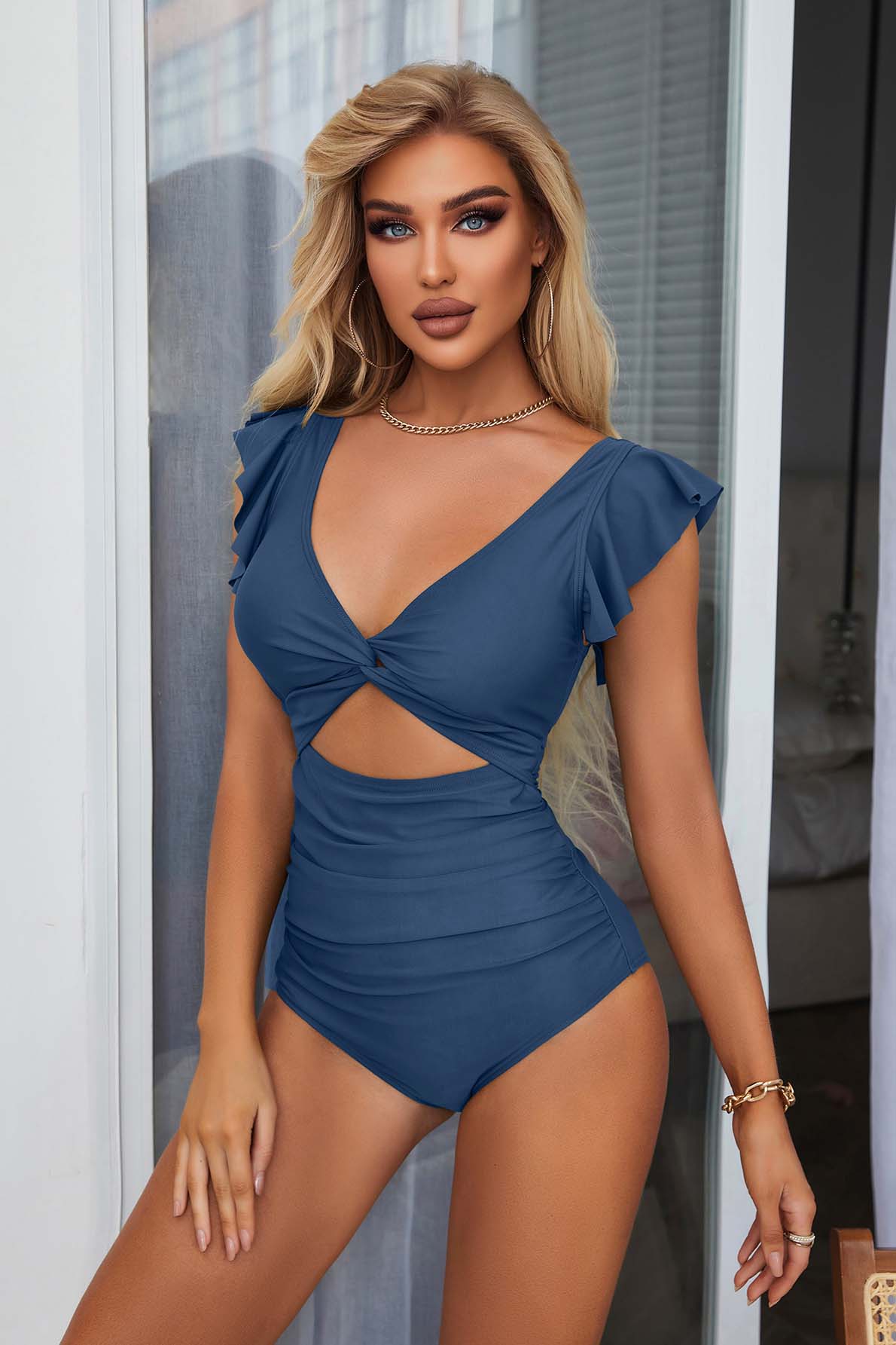 Twist Cut Out Ruched Side One Piece Swimsuit