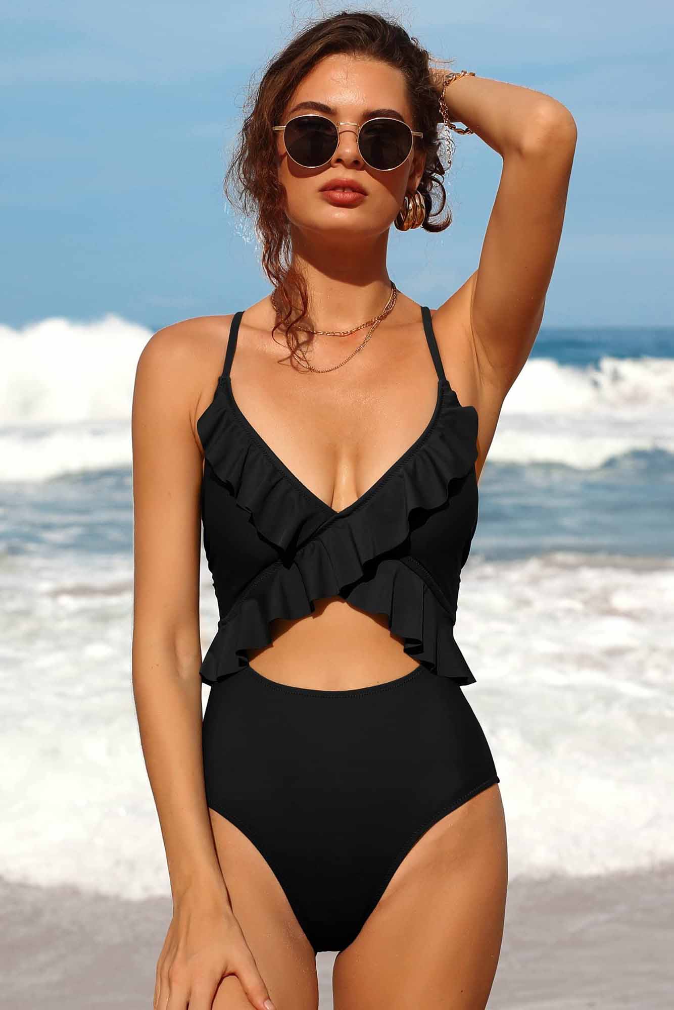 Women Ruffle Bathing Suit Padded Monokini-1479