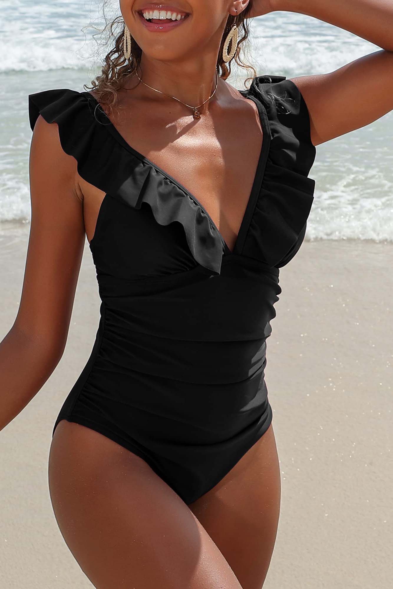 Ruffle V Neck One Piece Swimsuits for Women