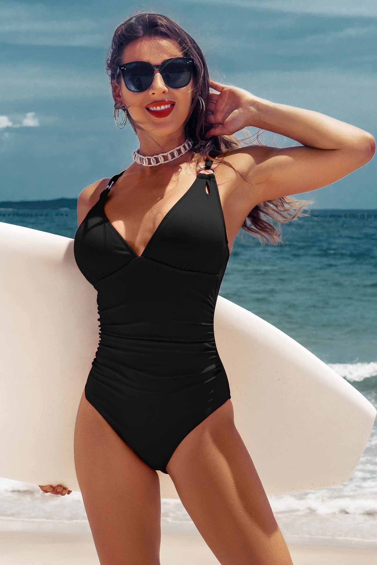 V Neck Strappy Bathing Suit Ruched Ribbed Monokini-1744