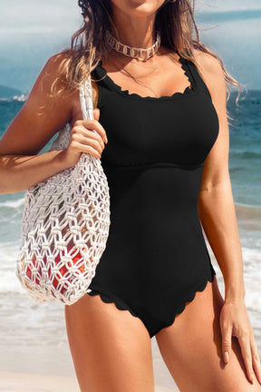 Ribbed Scallop Trim Cutout One Piece Swimsuits-1714