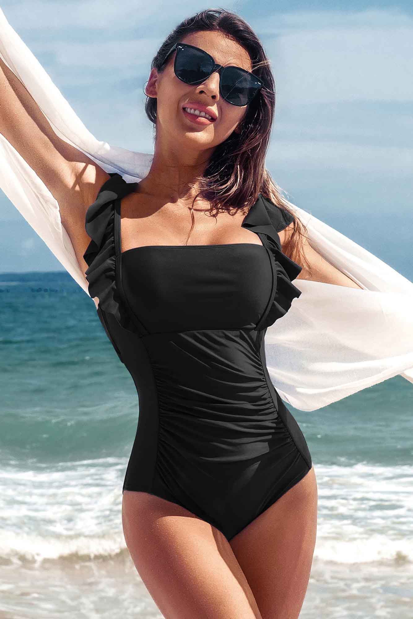 Ruffle One Piece Swimsuit Tummy Control Monokini-1599