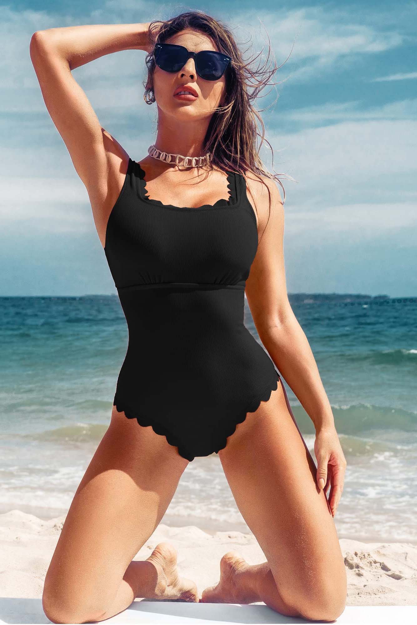 Ribbed Scallop Trim Cutout One Piece Swimsuits-1714