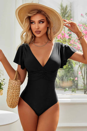 Ruched Cut Out Butterfly Sleeve One Piece Swimsuit-1710